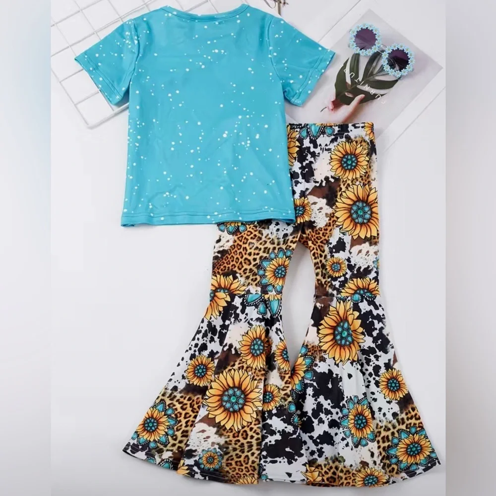 Girls Boutique Western Cow Skull Floral Graphic Top & Bell Bottom Pants Set - Picture 2 of 7